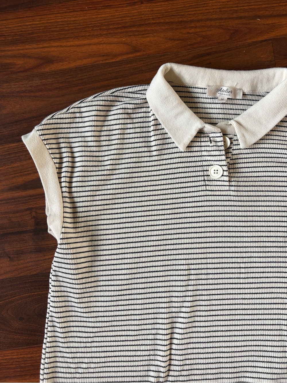 Atelier Tennis Prep Cream & Black Striped Button-Down Polo Top